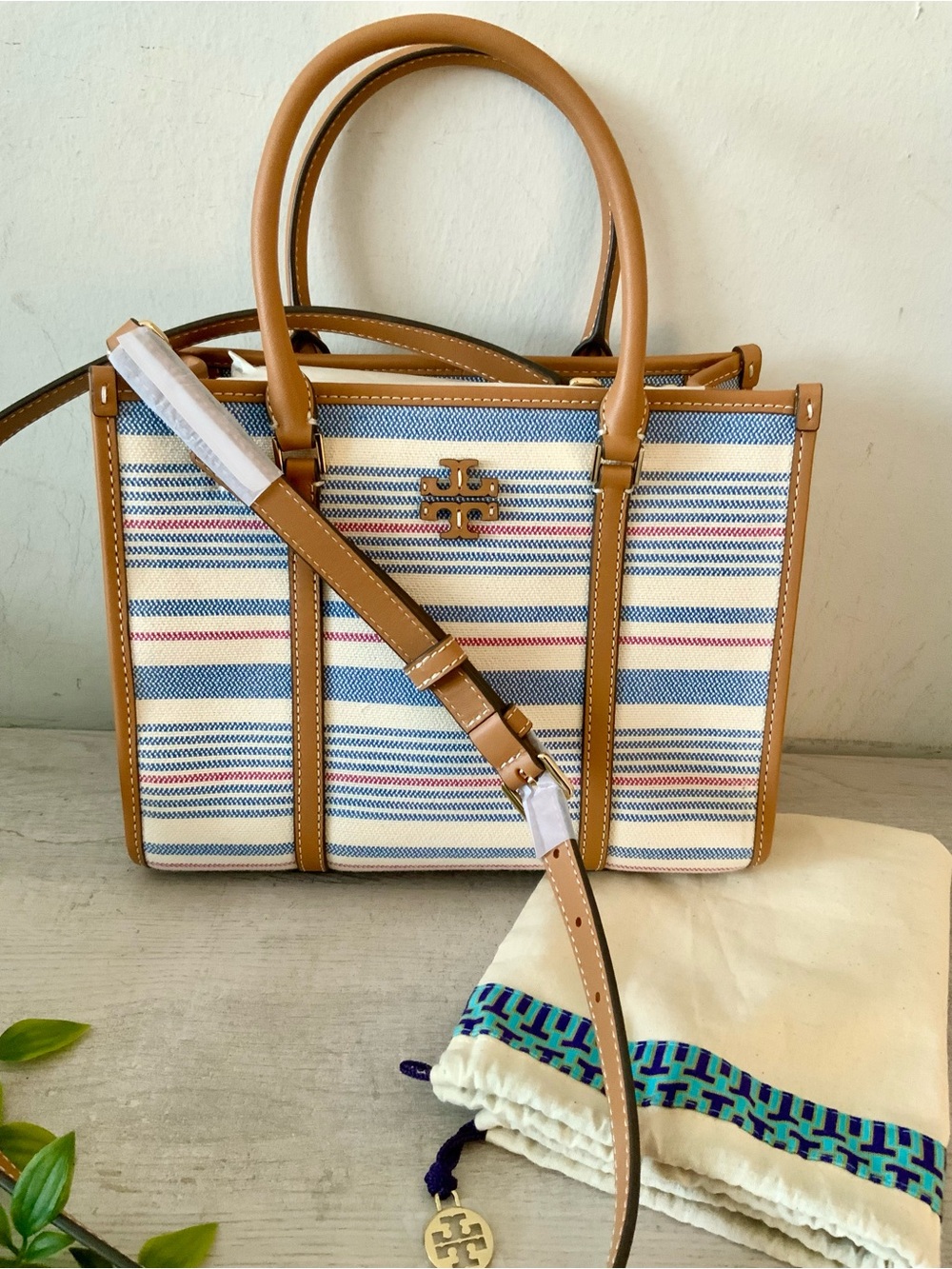 TORY BURCH BLAKE STRIPE CANVAS TOTE CROSSODY BAG NWT